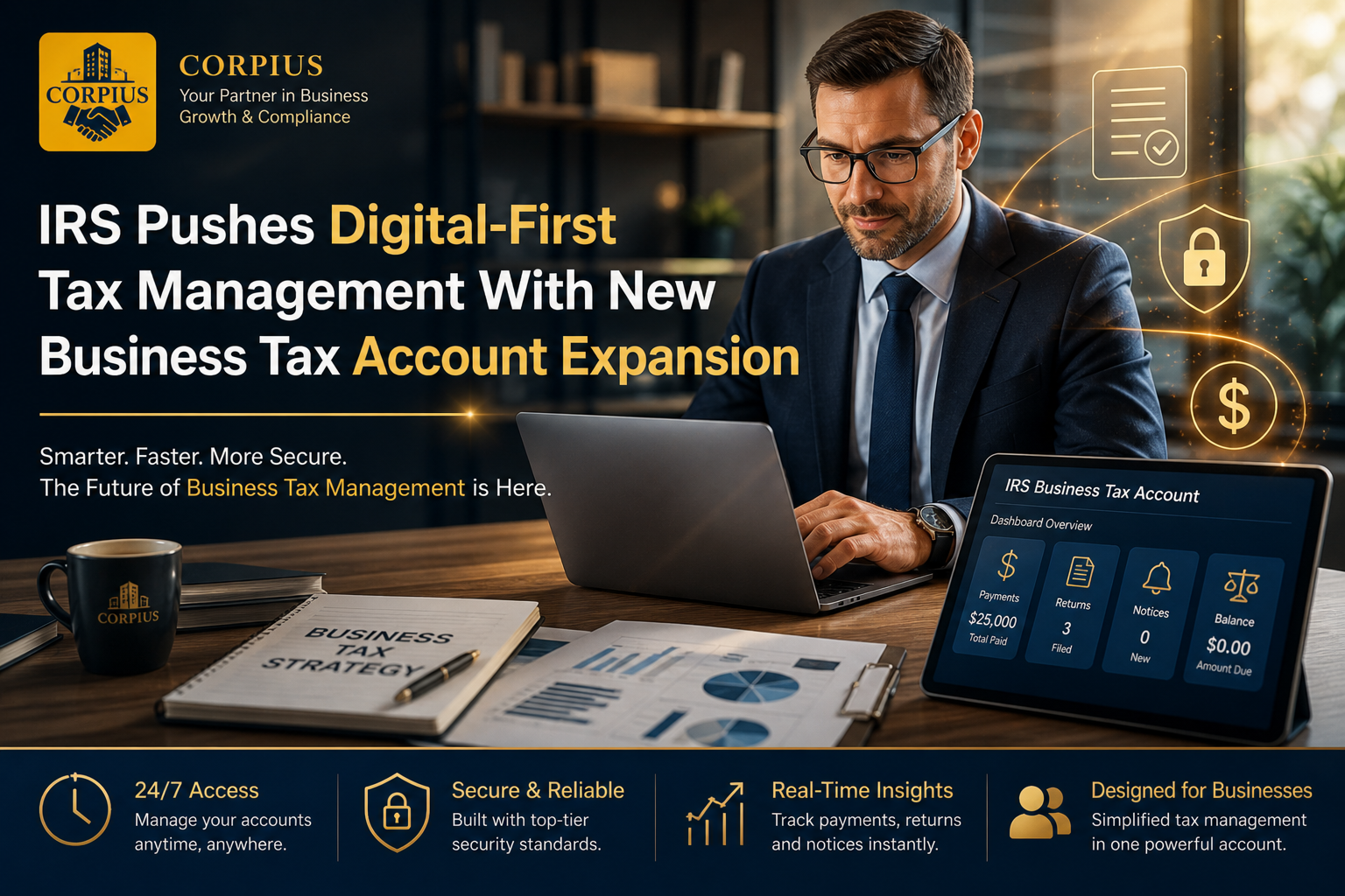 CORPIUS - IRS digital-first tax management, Business Tax Account expansion 2026, IRS online self-service platform, digital federal tax management, tax-exempt organization IRS account, partnership IRS account, government entity tax account