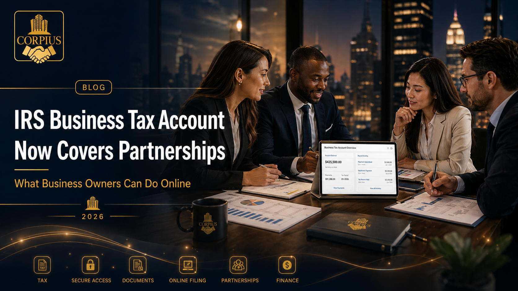 IRS Business Tax Account for partnerships, Form 1065 partnership tax account, business owner managing IRS account online, IRS digital tax portal, small business tax management, Corpius tax compliance support
