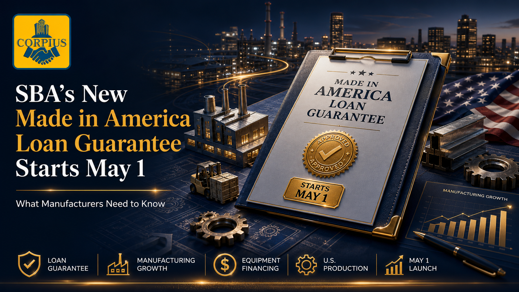 CORPIUS SBA Made in America Loan Guarantee, Corpius SBA manufacturing loan 2026, CORPIUS SBA International Trade Loan, Corpius equipment financing for manufacturers,