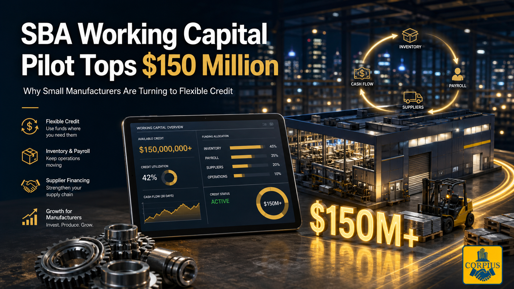 CORPIUS SBA Working Capital Pilot, Corpius SBA WCP 150 million milestone, CORPIUS small manufacturer working capital, CORPIUS small business revolving credit, Corpius SBA manufacturing credit 2026, CORPIUS SBA delegated lenders WCP