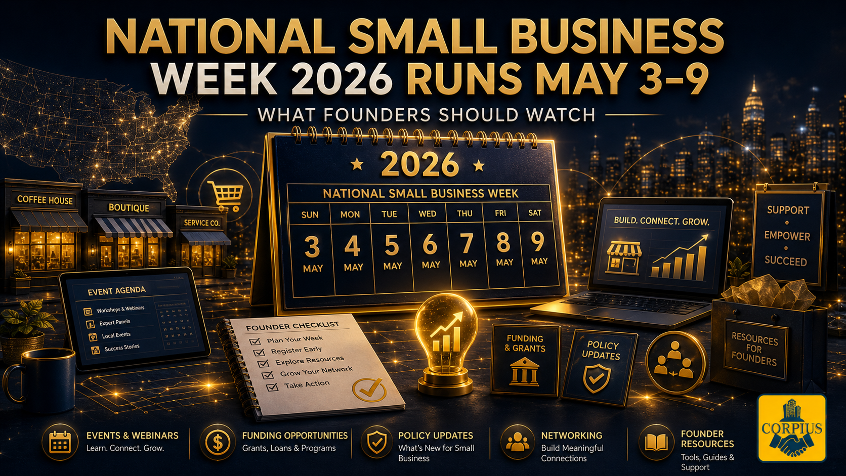 CORPIUS - National Small Business Week 2026, SBA small business week events, founders attending SBA summit, SBA Virtual Summit 2026, entrepreneur resources, small business growth programs, federal small business support, Corpius startup compliance